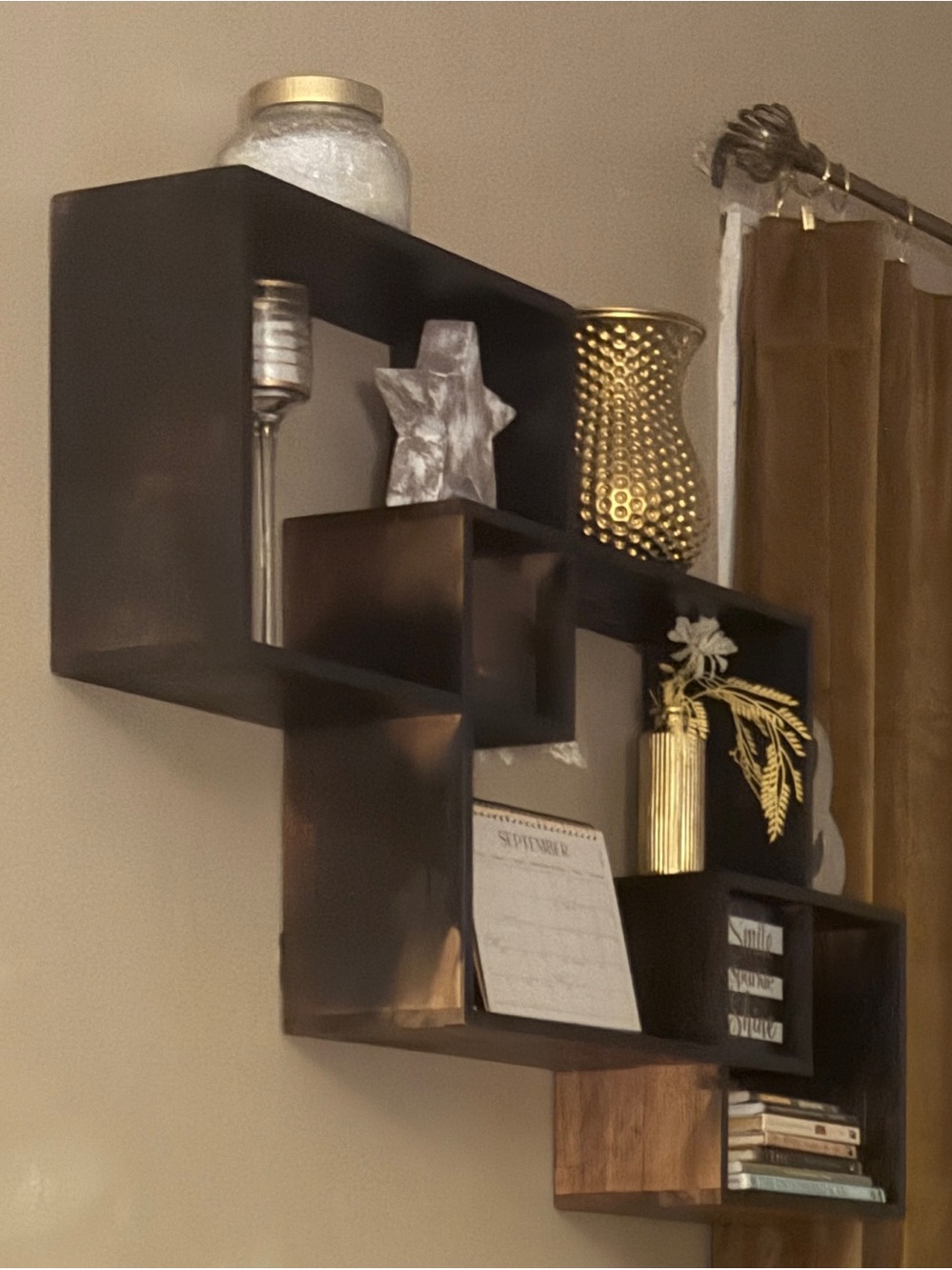 Modern PaintedBlack Wall Shelf with Wood Accent - Home Wall Decor